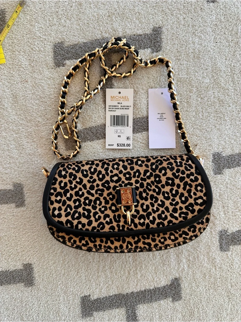 Michael Kors Leopard Print Crossbody in Tan and Black with Gold Lock